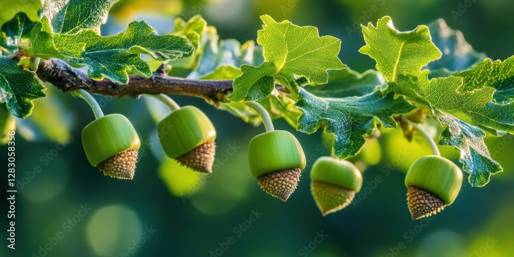 Poster green acorns on an oak branch display vibrant shades of green and brown with a blurred natural backg