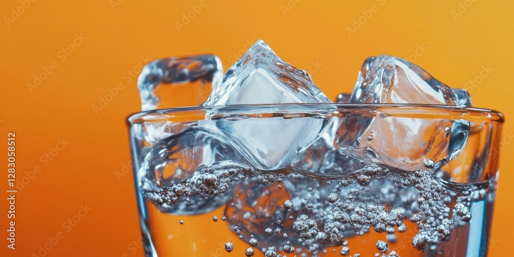 Aufkleber ice cubes immersed in clear sparkling water within a glass set against a bright orange background em