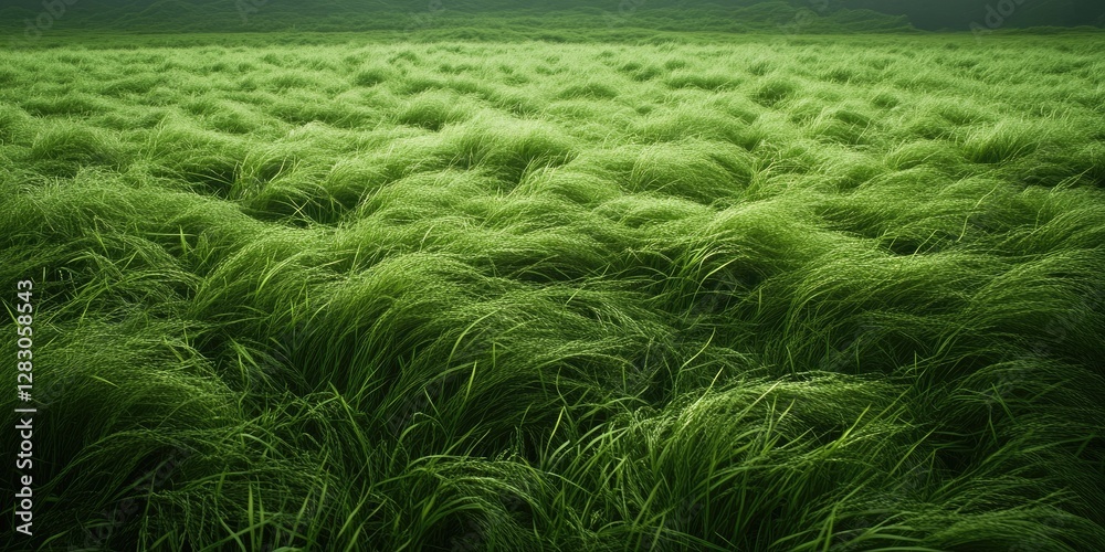Poster Vibrant green lush couch grass covers a vast open field creating a soft inviting texture with gentle undulating patterns in the foreground