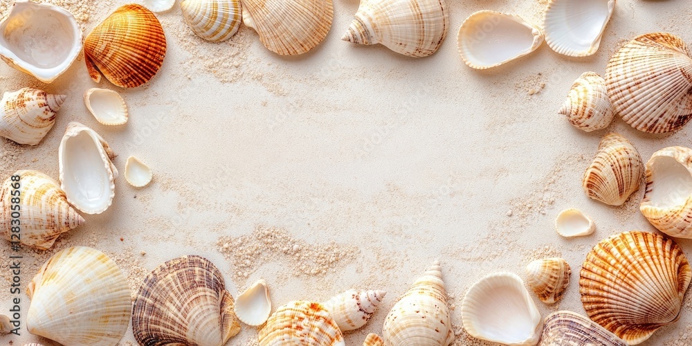 Aufkleber seashells in warm beige and soft white colors arranged in a circular frame on sandy background, perf