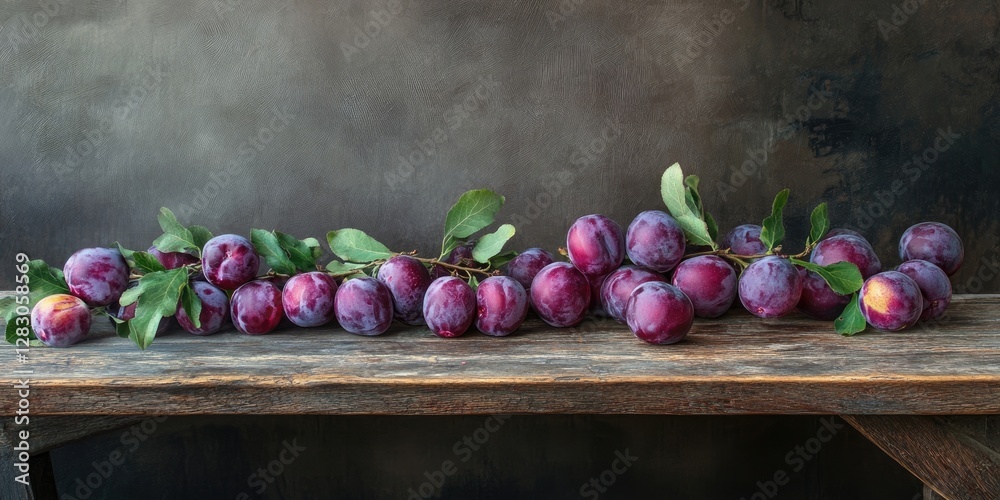 Poster freshly harvested marian plums arranged in a line on a rustic wooden table with dark textured backgr