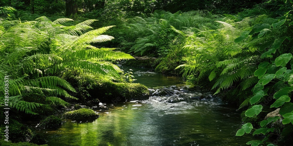 Poster lush green fern fronds arching over a sparkling stream in a vibrant forest scene with soft sunlight 