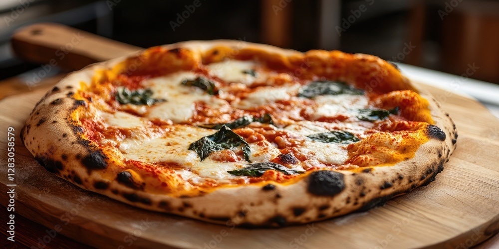 Poster freshly baked pizza with melted mozzarella and fresh basil on a wooden surface with a golden crust, 