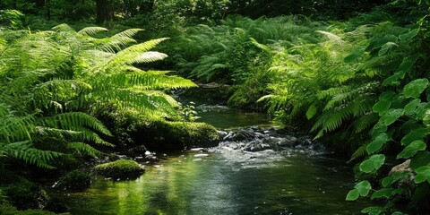 Fototapeta premium Lush green fern fronds arching over a sparkling stream in a vibrant forest scene with soft sunlight filtering through leaves background.