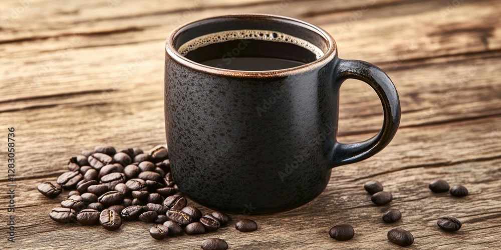 Poster Black ceramic mug filled with dark coffee positioned on a rustic wooden surface with scattered coffee beans creating an inviting warm atmosphere