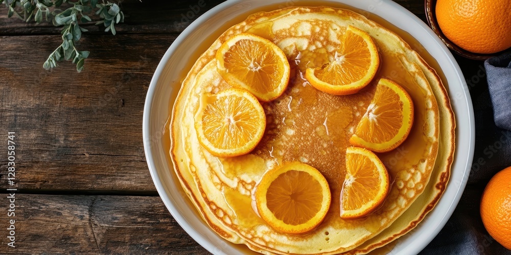 Poster pancakes topped with fresh orange slices arranged on a white plate against a rustic wooden backgroun