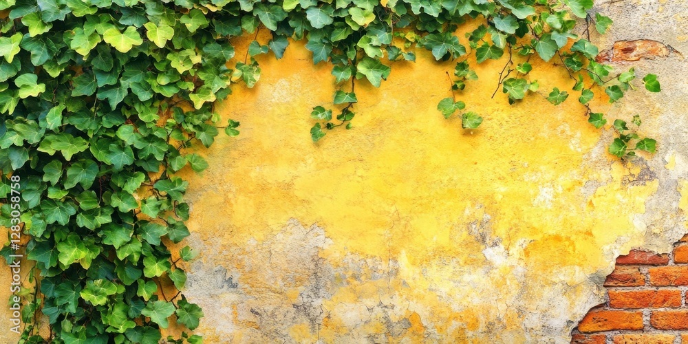 Poster lush green ivy leaves intertwining with a weathered yellow orange brick wall showcasing a blank spac