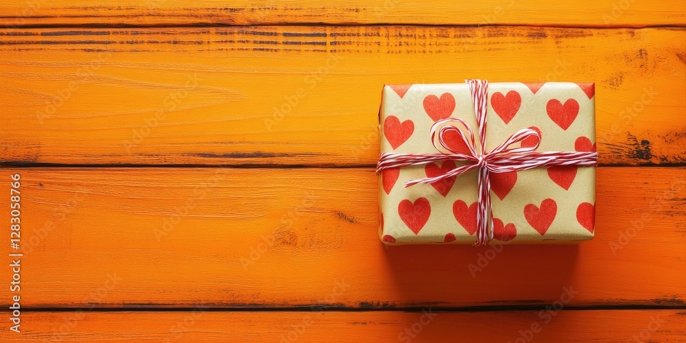Aufkleber handmade gift box wrapped in heart-adorned paper sits on vibrant orange wooden tabletop with ample b