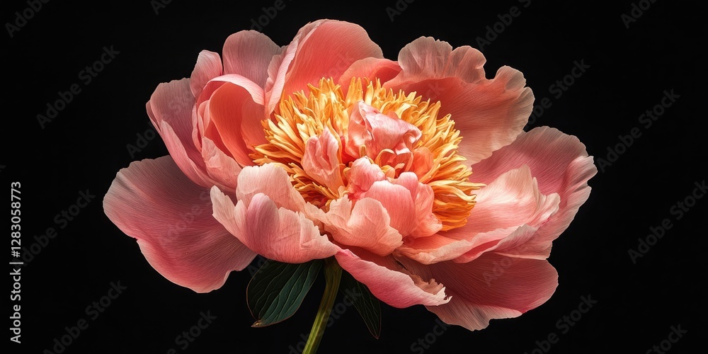 Poster humorous pink peony flower displaying vibrant coral center against a deep black background highlight
