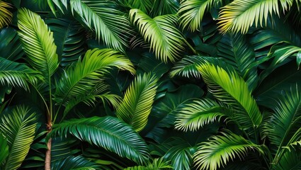 Green tropical palm leaves texture background with various shapes and shades of green foliage.
