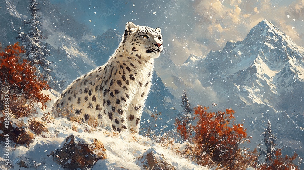 Wall mural snow leopard resting in a high altitude snowy landscape with its powerful predator eyes and thick fu
