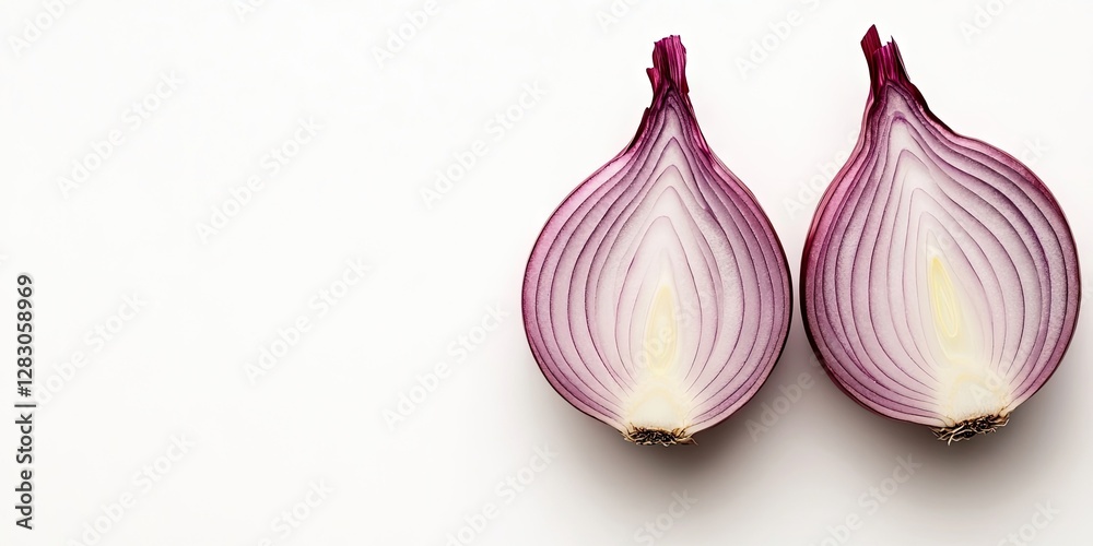 Aufkleber halved vibrant red onion exposed on a clean white background highlighting rich purple and white laye