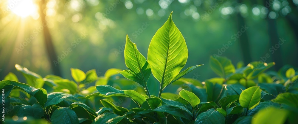 Wall mural fresh green leaves with sunlight filtering through a forest creating soft bokeh background in a peac
