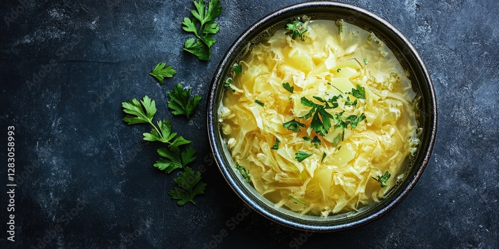 Poster homemade shredded cabbage and potato soup in a dark bowl with green parsley on a textured black back