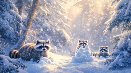 A family of raccoons building snow sculptures in a cozy winter forest clearing, their tiny paws shaping intricate designs, with snow-covered pines and