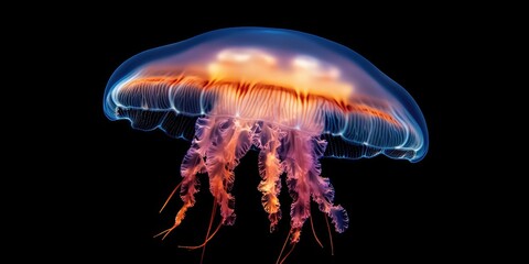 Colorful jellyfish gracefully floating in black background, featuring bright blue, orange, and purple tentacles, illuminated luminescence overview.