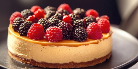 Creamy cheesecake topped with fresh blackberries and raspberries on a dark plate with a golden caramel layer, showcasing vibrant red and black colors.