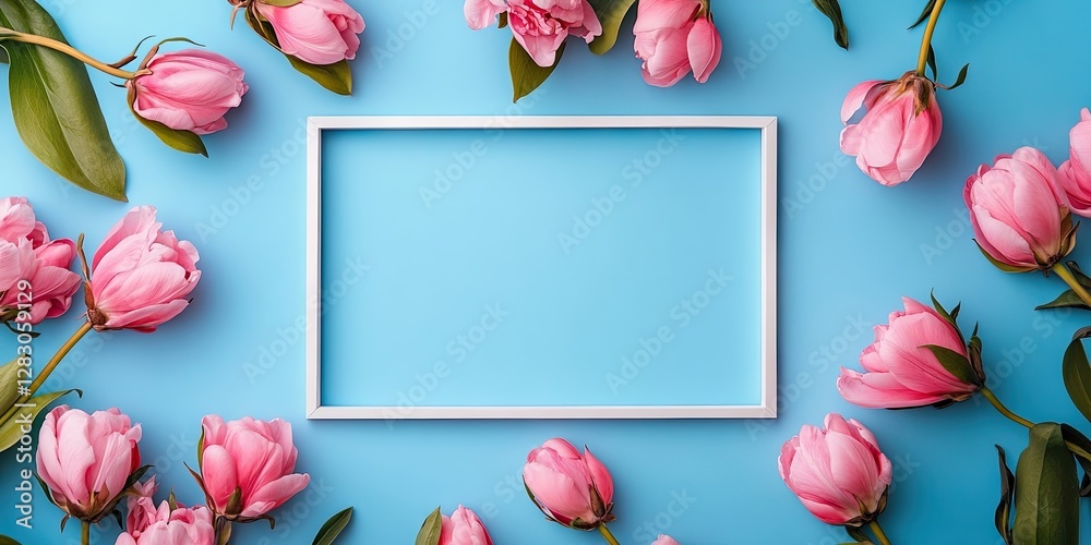 Fototapete Pink peonies surrounding a white empty photo frame on a bright blue background creating a fresh and inviting layout for text and design.