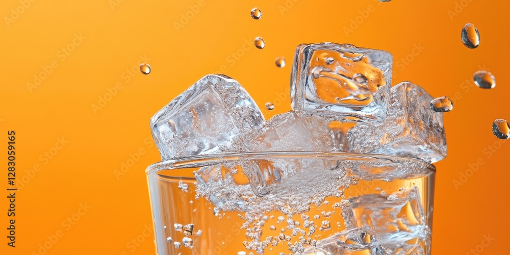 Poster Refreshing ice cubes in a clear glass of water against a vibrant orange background with sparkling bubbles creating a cool and crisp visual effect