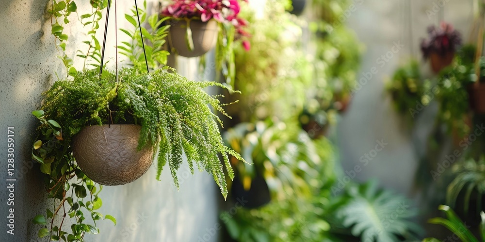 Poster Lush green ferns and vibrant flowers in hanging pots create a serene indoor garden scene with a blurred background enhancing tranquility and freshness.