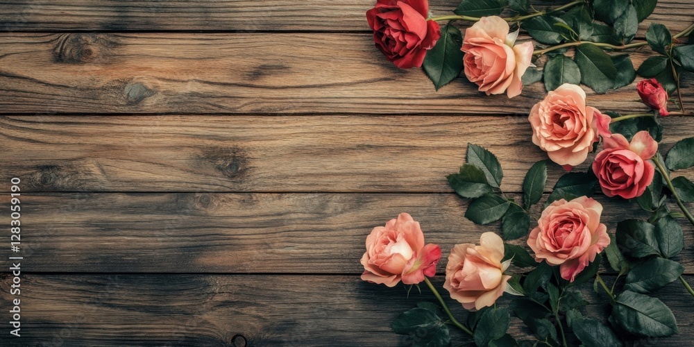 Aufkleber charming vintage style roses in soft pink and red on rustic wooden background, top view composition 