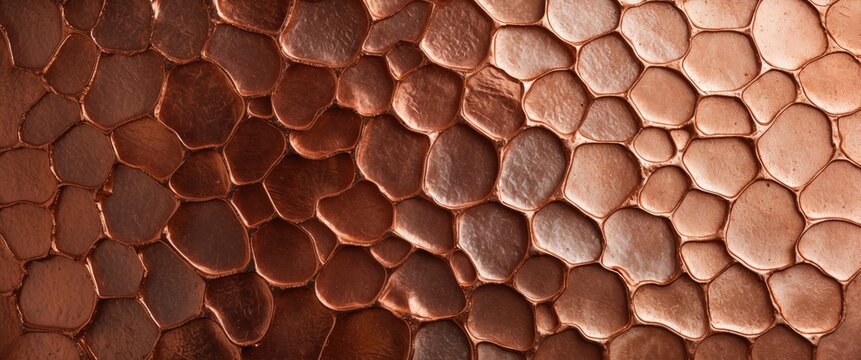 Copper hexagonal pattern background with reflective metallic surface and varying textures and shapes