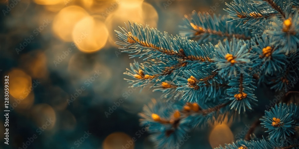 Poster spruce tree branches in focus with golden bokeh background showcasing vibrant blue-green needles and
