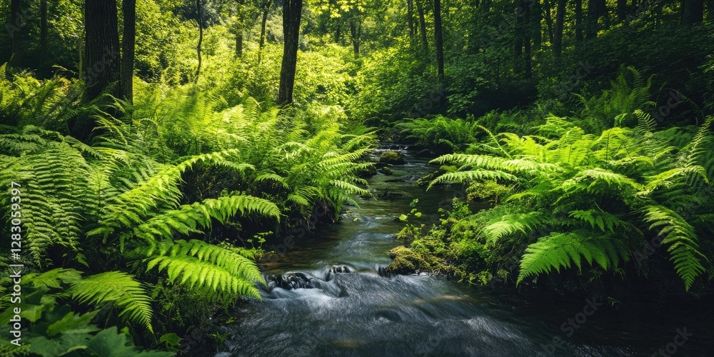 Leinwandbilder lush green fern fronds frame a shadowy stream flowing through a vibrant forest with sunlight filteri