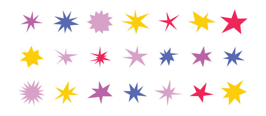 Sharp stars shapes set. Bright irregular sparks, colorful twinkles. Abstract edgy sparkle and stars elements pack. Asymmetry forms