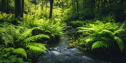 Obraz premium Lush green fern fronds frame a shadowy stream flowing through a vibrant forest with sunlight filtering through the trees enhancing the scenery.