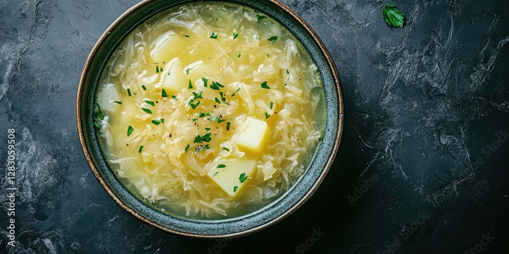 Poster homemade shredded cabbage and potato soup in a deep blue bowl on a dark textured background featurin