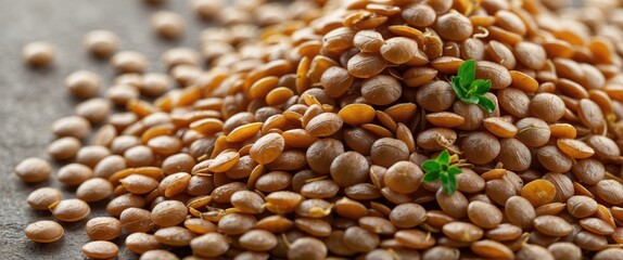 Healthy Organic Brown Lentils with Green Sprouts on Wooden Surface Close-Up