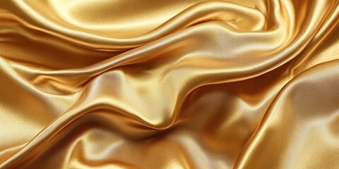 Obraz premium Luxurious golden satin fabric with smooth, flowing drapes creating soft waves for an elegant and rich texture background design.