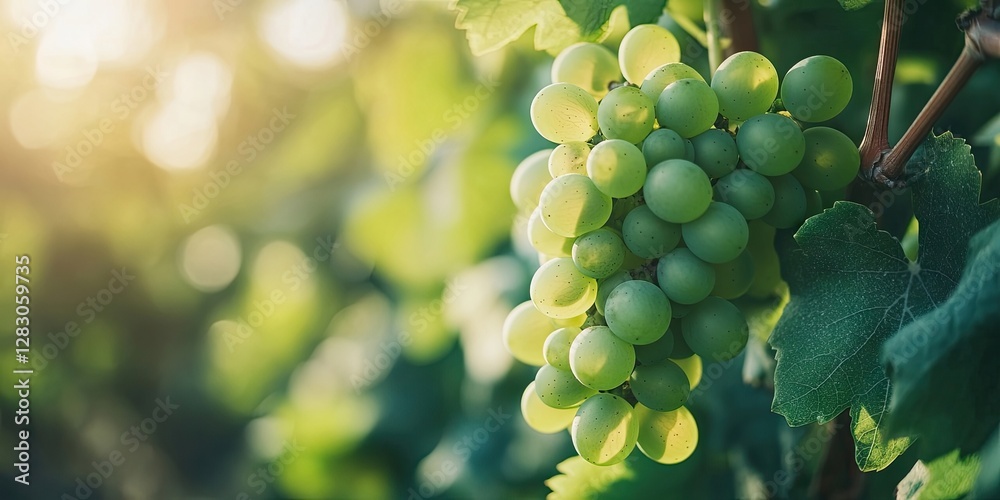 Poster fresh green grapes clustered on a vine with soft sunlight highlighting the leaves in a blurred backg
