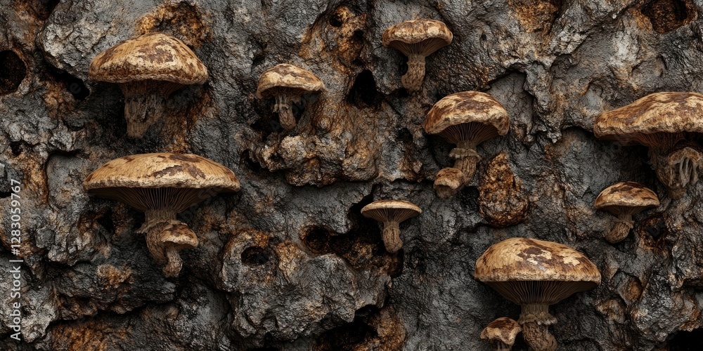 Poster mushroom background with shades of brown and gray showcasing intricate textures in a dense, organic 