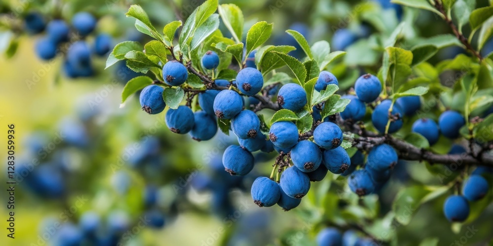 Poster vibrant blue sloe berries clustered on lush green branches in a natural setting showcasing their cul