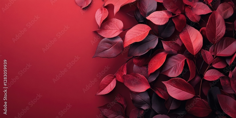 Fototapete Red rose leaves densely arranged on the left with a smooth gradient background transitioning to a darker red on the right, ample text space.