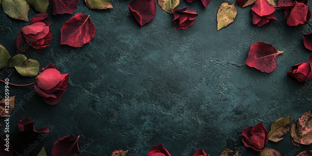 Aufkleber Elegant composition of deep red rose leaves and petals on a textured dark green surface, featuring ample space for text insertion in the center.