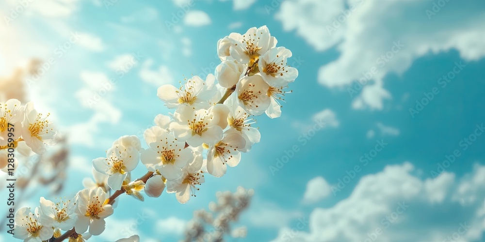 Poster plum branch with white flowers in focus against a blue sky with fluffy white clouds bathed in sunlig