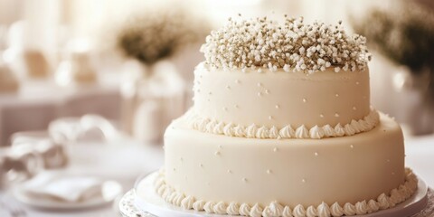 Fototapeta premium Elegant two-tiered wedding cake featuring smooth white icing and delicate babyâ€™s breath flowers on top, set against a soft, muted background.