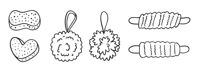 loofah or Shower puff and soft mesh bath sponge doodle hand drawn set. Accessory for washing, body care, personal hygiene. 