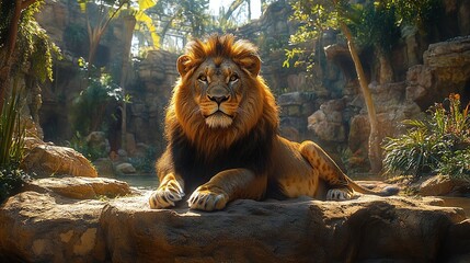 Obraz premium big lion resting in a zoo setting with a fierce expression showing its strength as a wild predator in a nature inspired African safari jungle environment