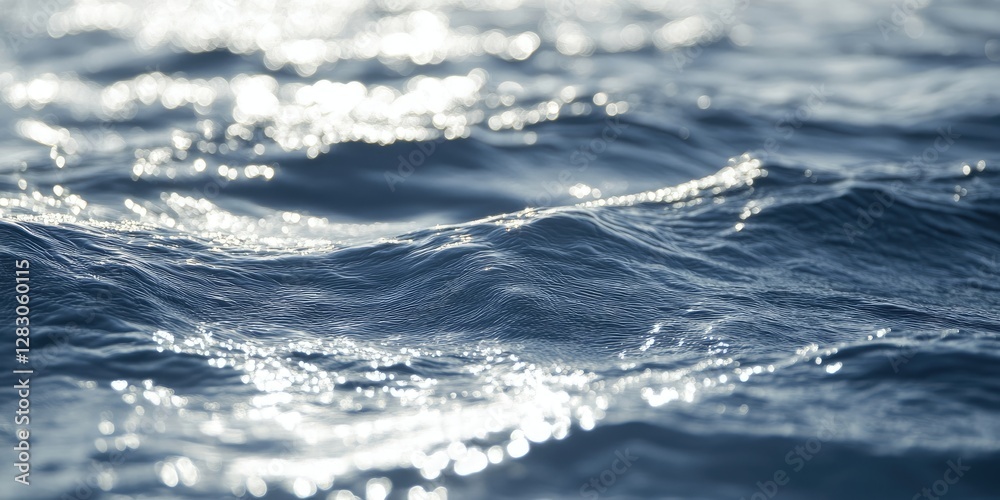 Poster Rippling deep blue water surface with shimmering light reflections creating a tranquil ambiance and soft waves, ideal for serene backgrounds.