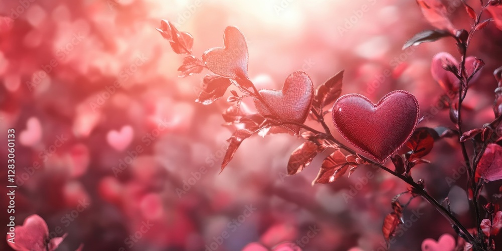 Poster Delicate pink hearts hanging on branches with soft bokeh background creating a romantic atmosphere for Valentine's Day celebration
