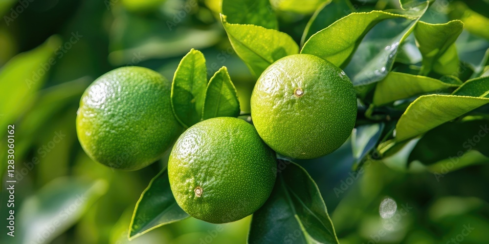 Aufkleber fresh green limes resting on vibrant green leaves with sunlight glistening, positioned in a cluster 
