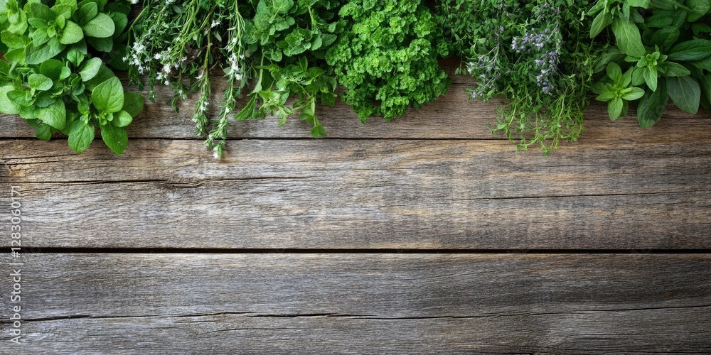 Aufkleber Fresh green herbs like basil, parsley, and thyme arranged on a rustic wooden surface with ample negative space for text on the right side
