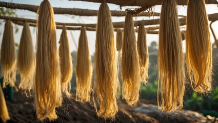Sunlit raw jute fibers drying outdoors in Bangladesh showcasing traditional textile processing and vibrant agricultural practices.