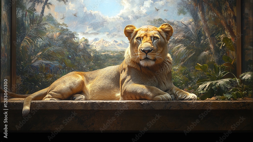 Wall mural big lion resting in a zoo setting with a fierce expression showing its strength as a wild predator i