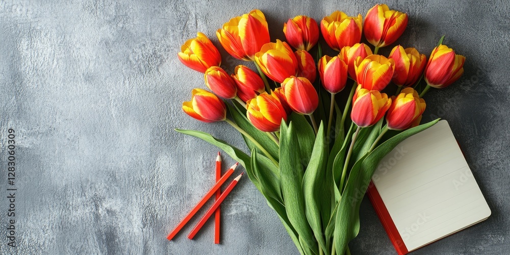 Poster vibrant bouquet of orange and yellow tulips arranged on textured gray background with a blank notebo