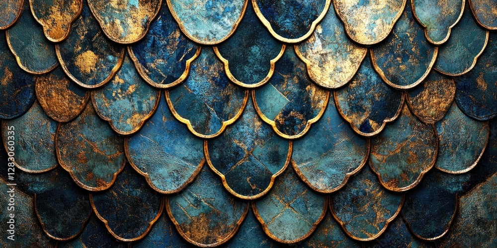 Poster Textured turquoise and gold scales with intricate patterns creating a vintage look; placed in a uniform overlapping arrangement for depth and richness.